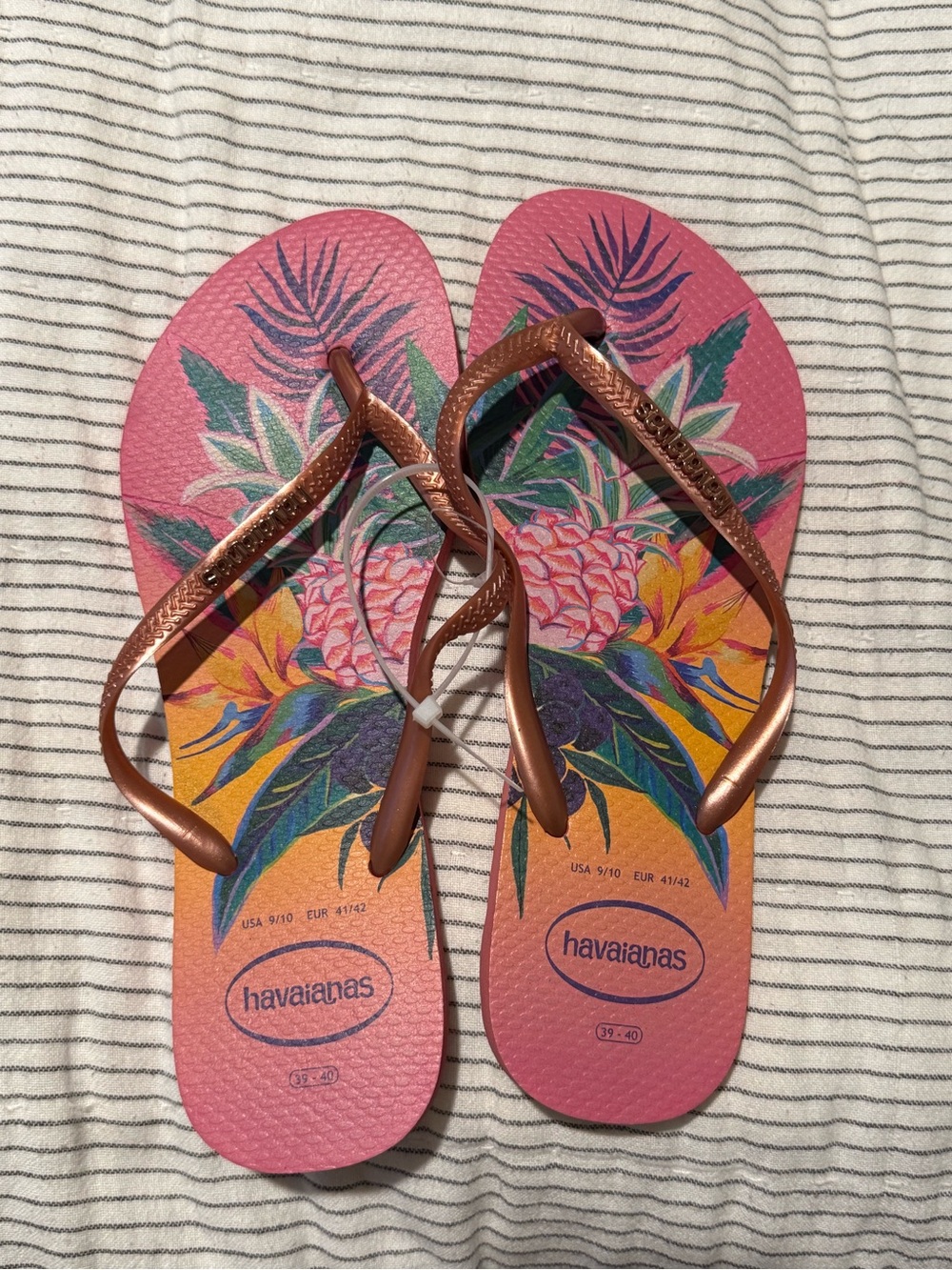 Havaianas Pink Pineapple Tropical Flip Flops with Rose Gold Straps